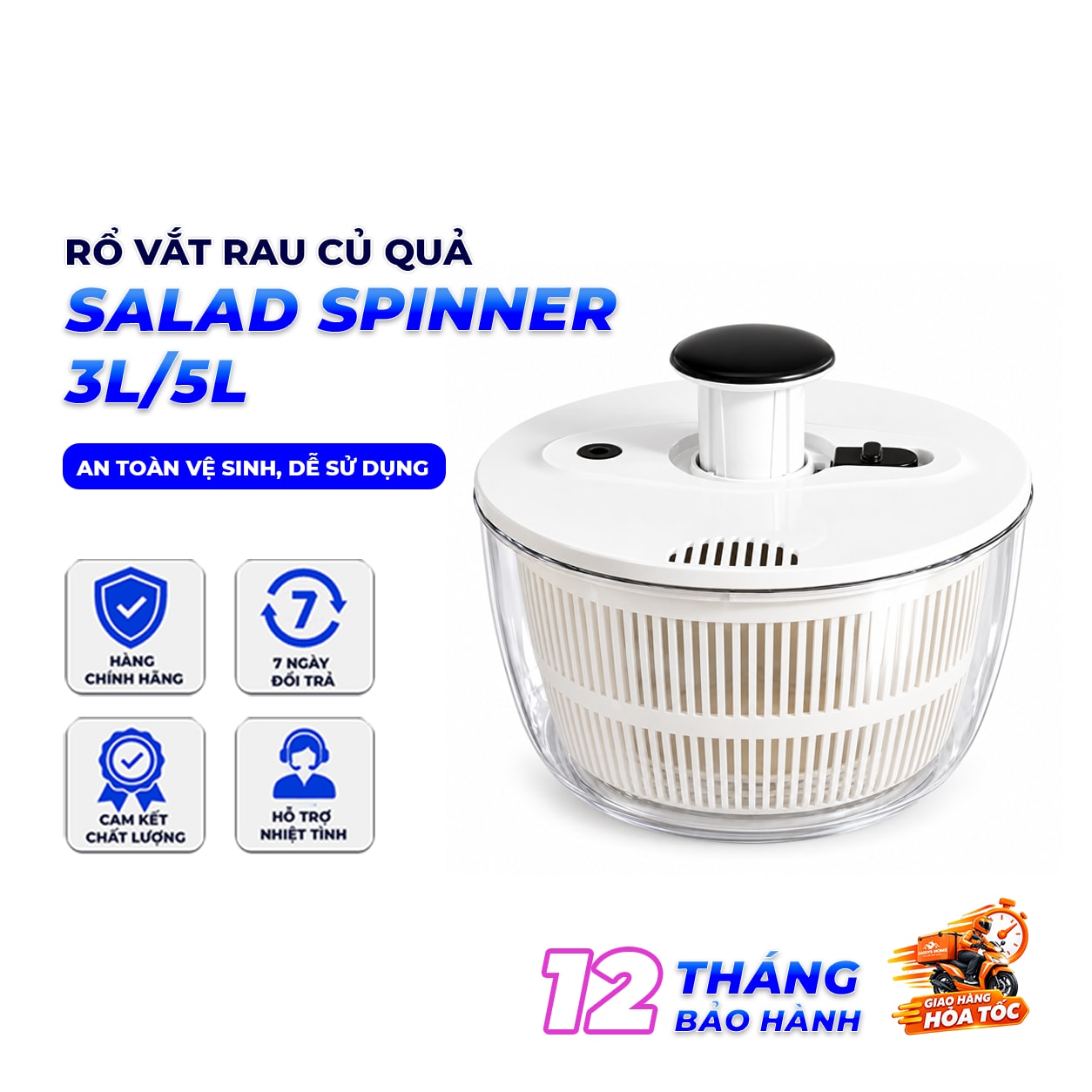 Rổ Vắt Rau Củ Quả Salad Spinner 3L/5L – Quay Ly Tâm 360°, Làm Ráo Rau Nhanh, Có Nút STOP
