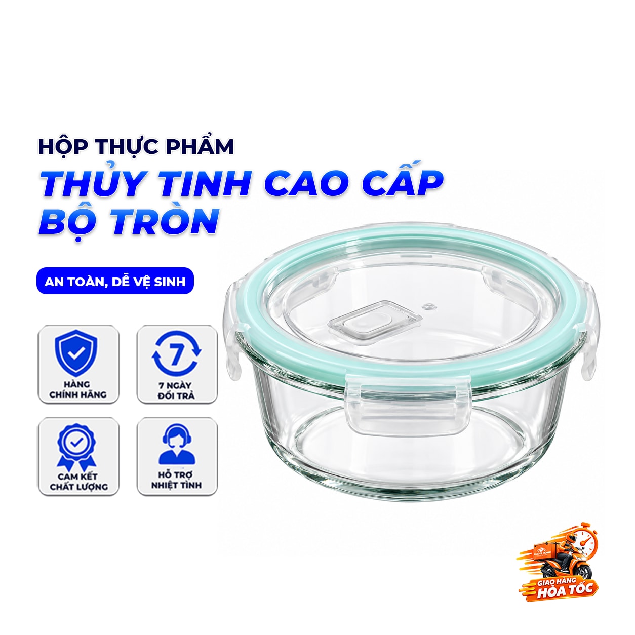 Bộ 4 Hộp Thủy Tinh Tròn, Hộp Bảo Quản Thực Phẩm Nắp Khóa 4 Cạnh