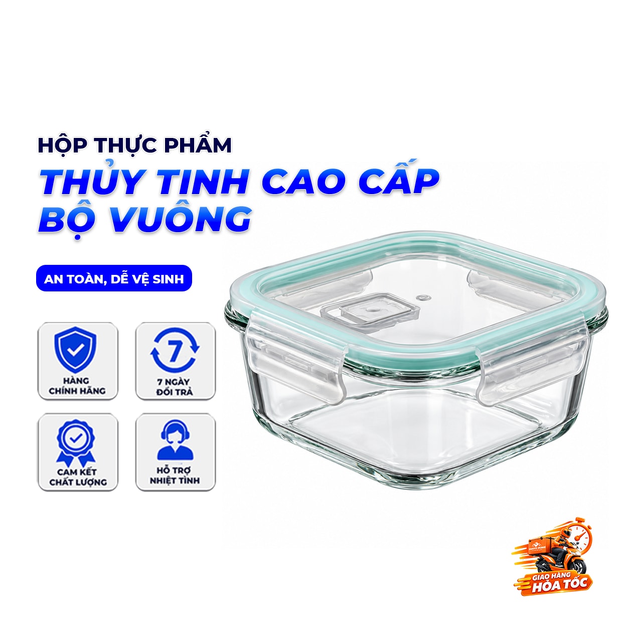 Bộ 4 Hộp Thủy Tinh Vuông, Hộp Bảo Quản Thực Phẩm Nắp Khóa 4 Cạnh