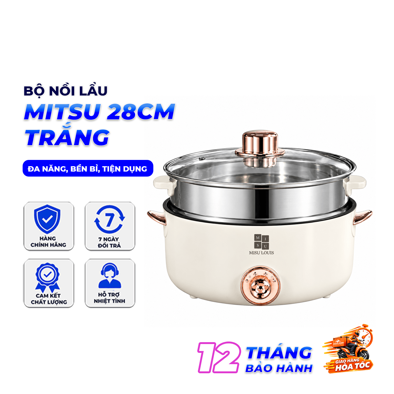Nồi Lẩu Điện Mitsu MS99 28cm Màu Trắng, Nồi Lẩu Đa Năng Kèm Xửng Hấp Inox