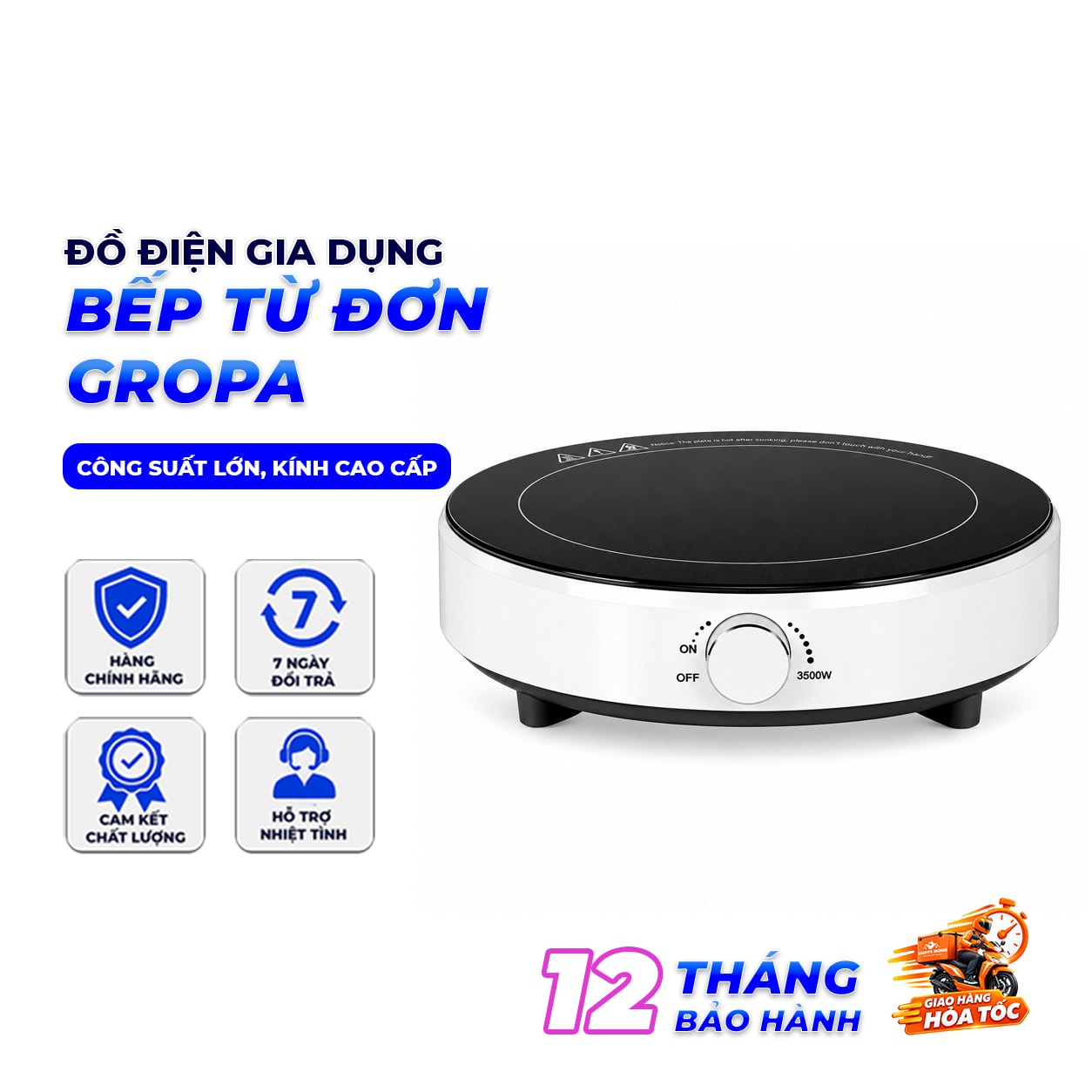 Bếp Từ Đơn GROPA Công Suất Cao – Mặt Kính Cao Cấp, Núm Vặn Điều Chỉnh