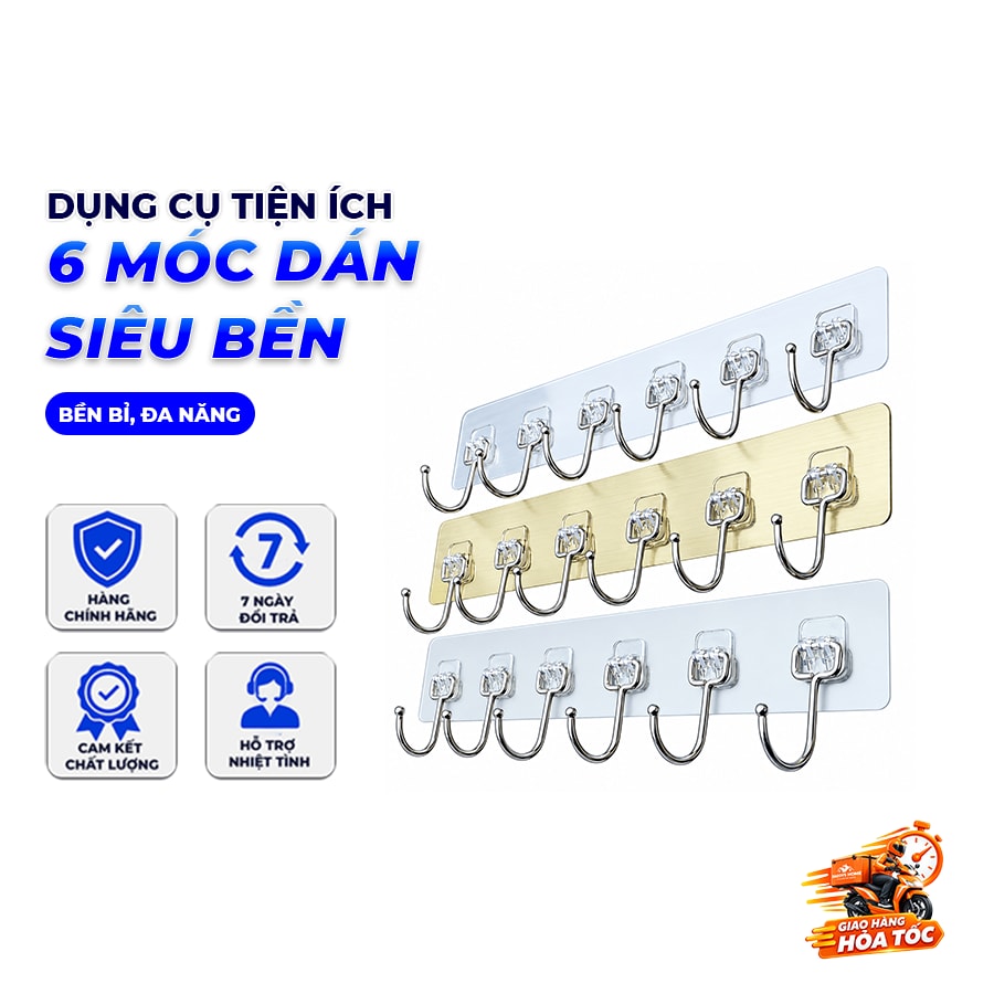 THANH 6 MÓC INOX DÁN TƯỜNG, MÓC TREO ĐỒ NHÀ BẾP NHÀ TẮM