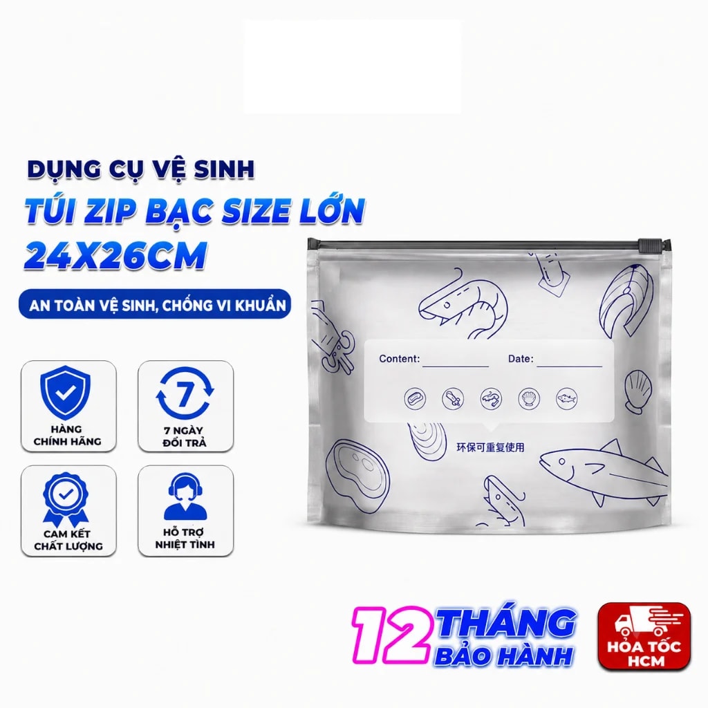 Set 10 Túi Zip Bạc 24x26cm Size Lớn, Túi Bảo Quản Thực Phẩm
