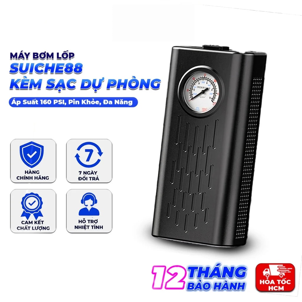 Máy Bơm Lốp SUICHE88 Kèm Sạc Dự Phòng, Bơm Lốp Ô Tô Xe Máy Đa Năng