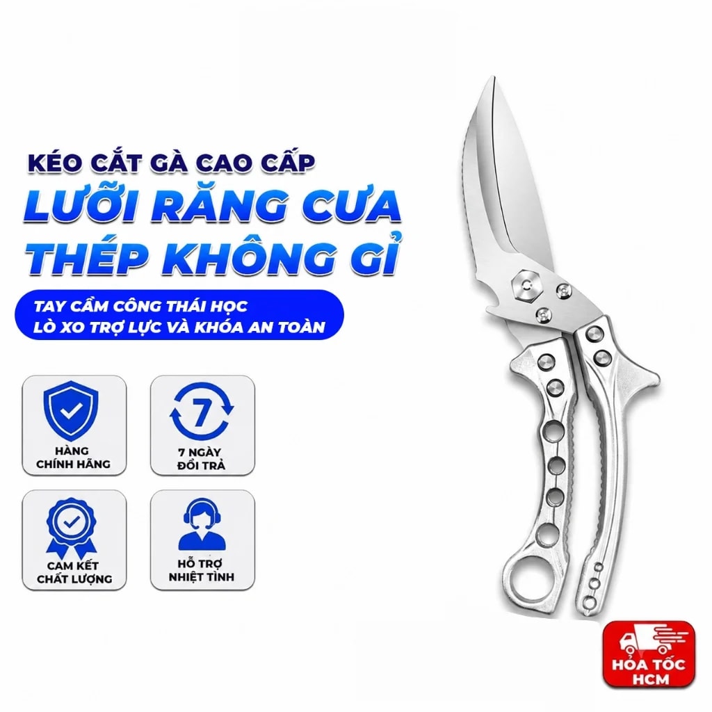 Kéo Cắt Gà Cao Cấp – Thép Không Gỉ, Tách Thành Dao, Cắt Xương, Cạo Vảy Cá, Mở Nắp Chai