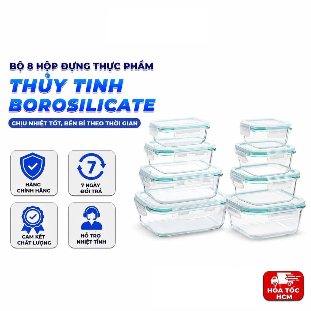 Bộ 8 Hộp Đựng Thực Phẩm Thủy Tinh Borosilicate – Chịu Nhiệt Từ -20°c Đến 120°c, Nắp Khóa 4 Cạnh