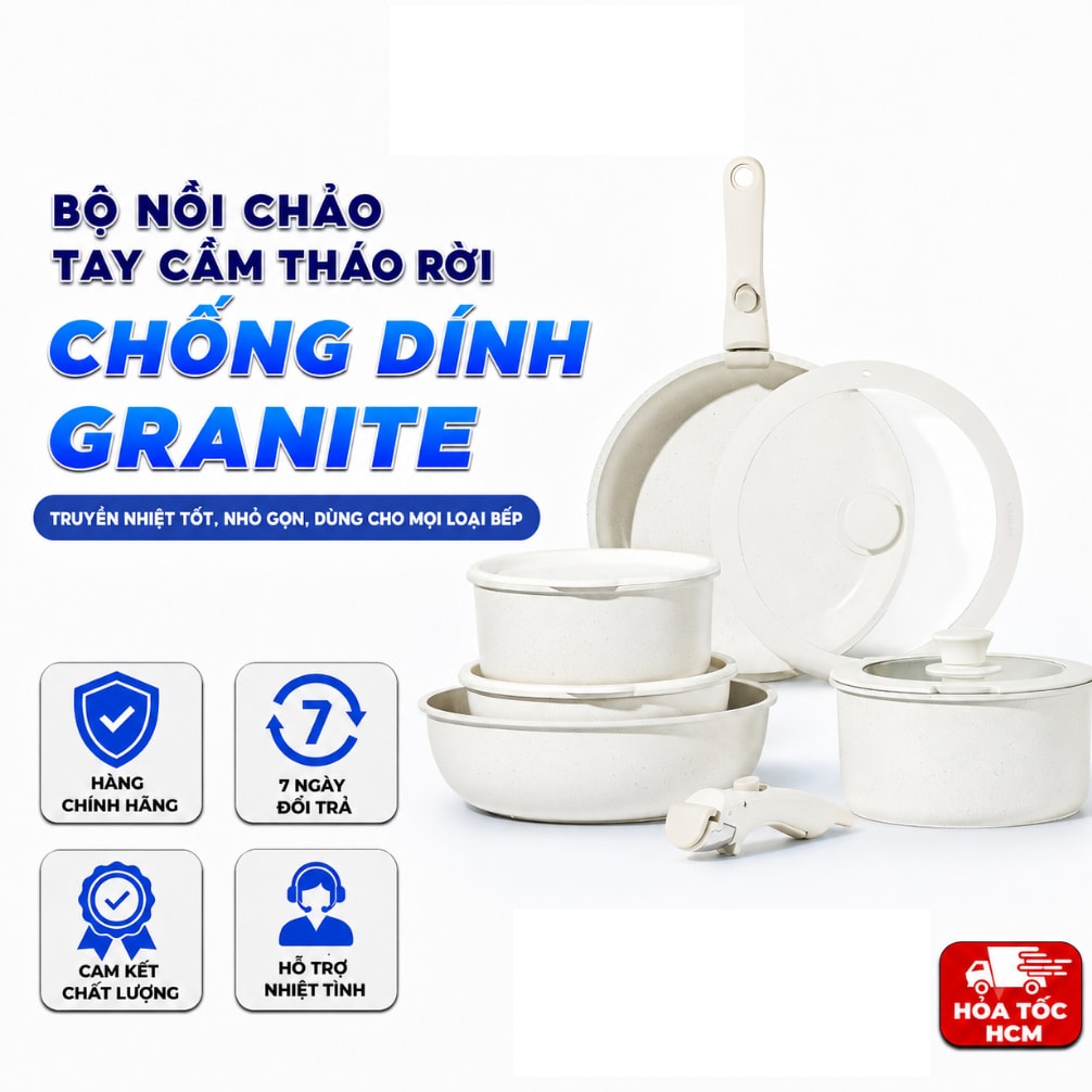 Bộ Nồi Chảo Tay Cầm Tháo Rời Phủ Đá Granite – Chống Dính, Dùng Mọi Loại Bếp