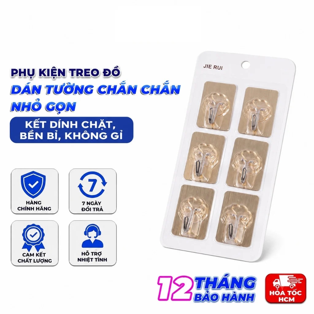 Vỉ 6 Móc Dán Tường Chữ Nhật, Móc Treo Đồ Không Khoan Tường