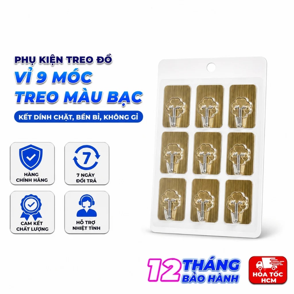 Vỉ 9 Móc Dán Tường, Móc Treo Đồ Đa Năng