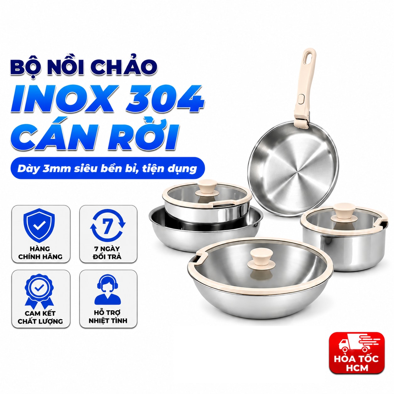 Bộ Nồi Chảo Cán Rời CAROTE inox 304, Siêu Dày